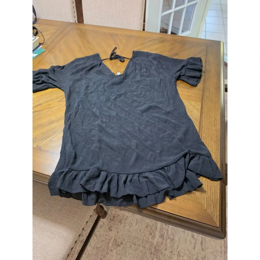 Beachsissi Black Ruffle Hem V-Neck Swim Cover Up One Size Tie Back Short Slv